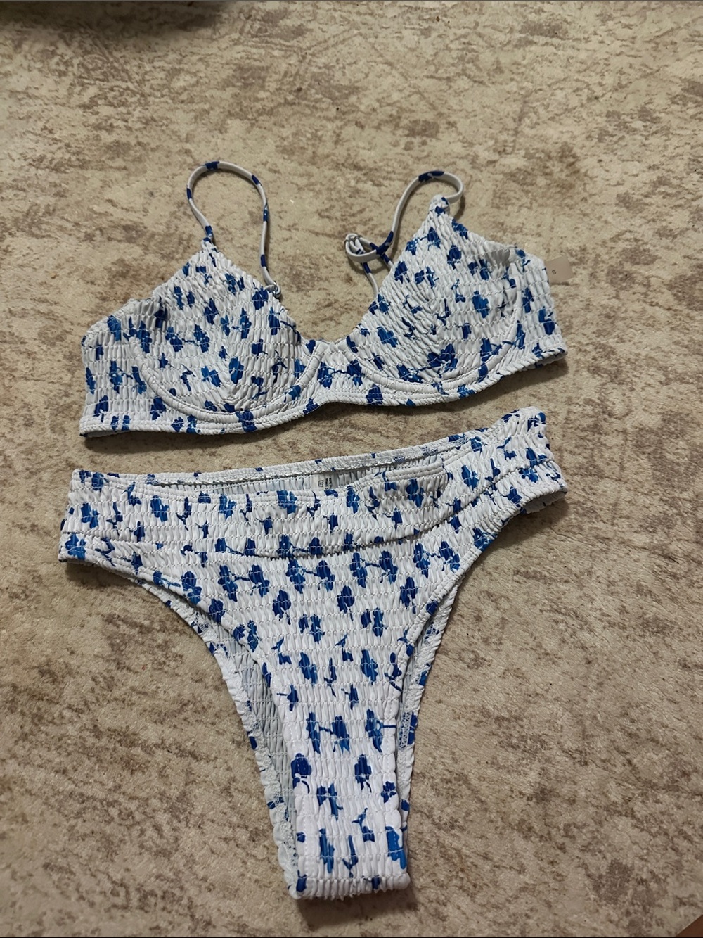 Amazon White and Blue Smocked Underwire Bikini Set